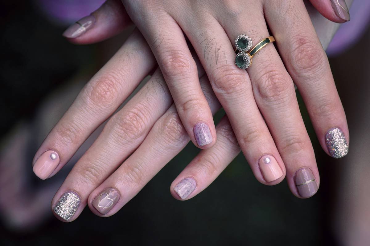 Comparison chart showing harmful vs. beneficial nail hardener ingredients: formaldehyde vs. hydrolyzed wheat protein, calcium, panthenol